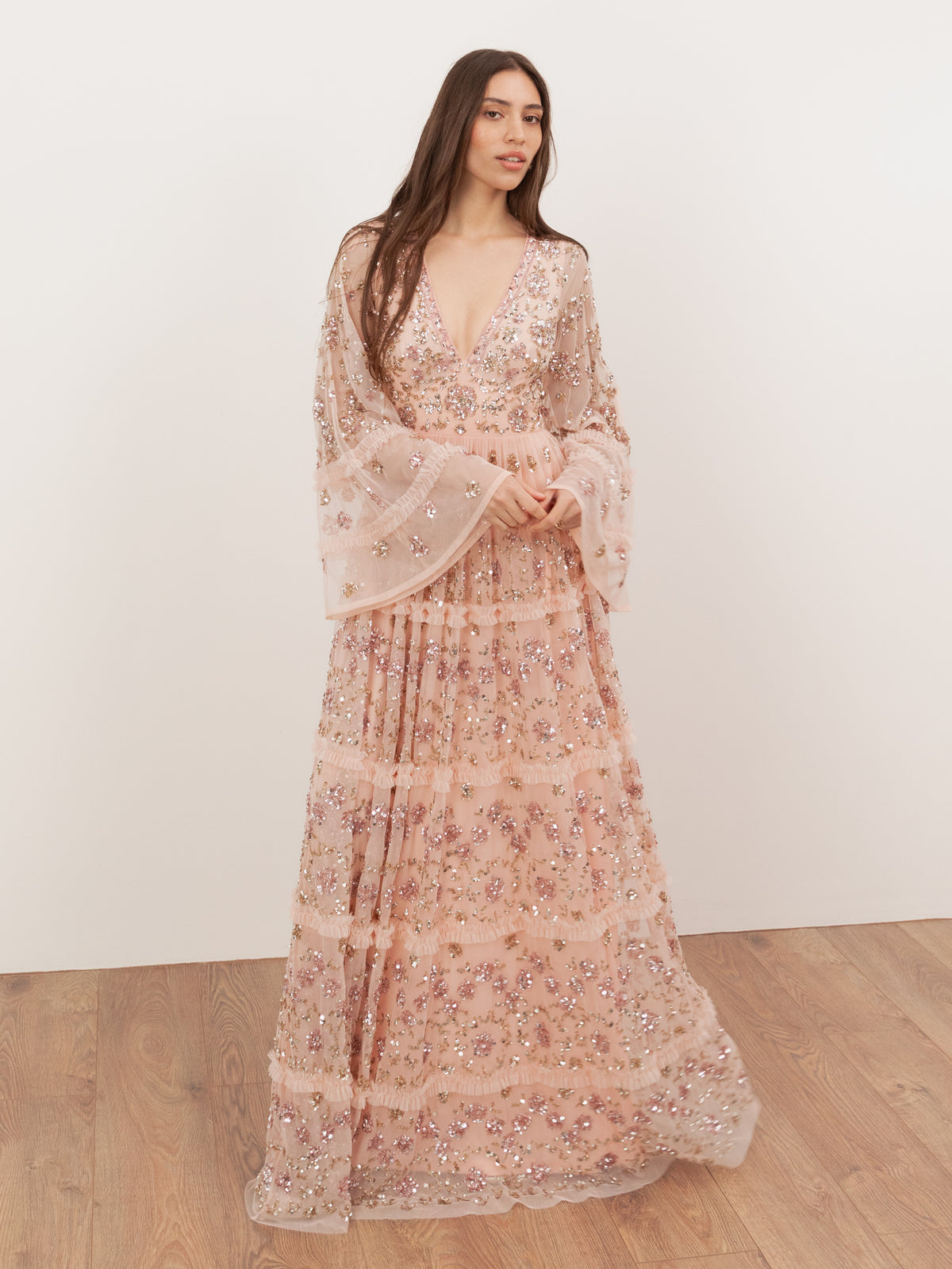 peach maxi dress with sleeves Maya Fully Embellished Flared Sleeve Maxi – Maya Deluxe pcat-506 %0D%0A*%20Pay%20special%20attention%20on%20measurements%20to%20ensure%20proper%20fit Clover 1940s Dress SoftOrange Size:US 5
