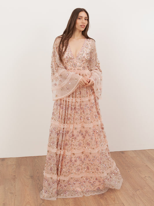 Maya Peach Fully Embellished Flared Maxi Sleeve Maxi Dress