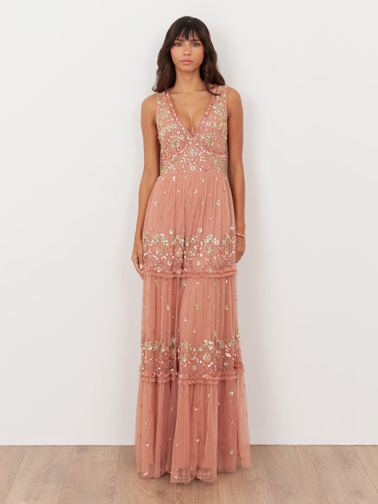 Maya Terracotta Pink Embellished Sleeveless Maxi Dress