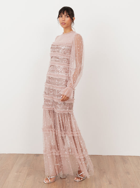 Maya Frosted Pink Sequin & Frill Maxi Sleeve Tulle Maxi Dress