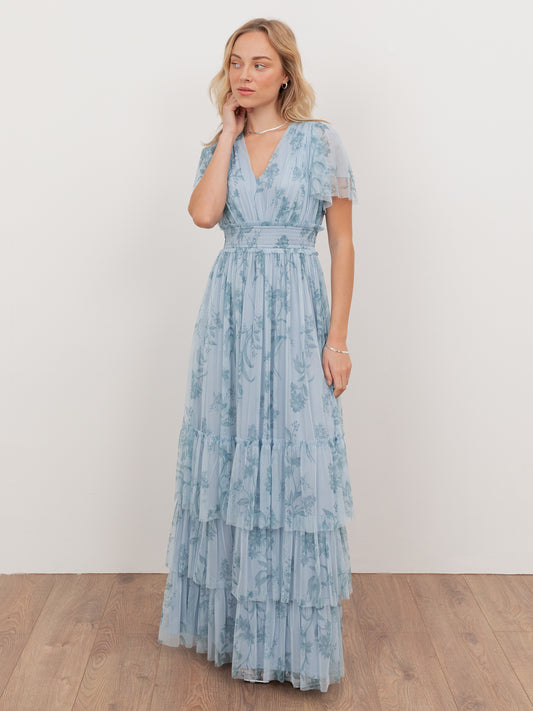 Anaya With Love Recycled Floral Blue V Neck Tiered Maxi Dress