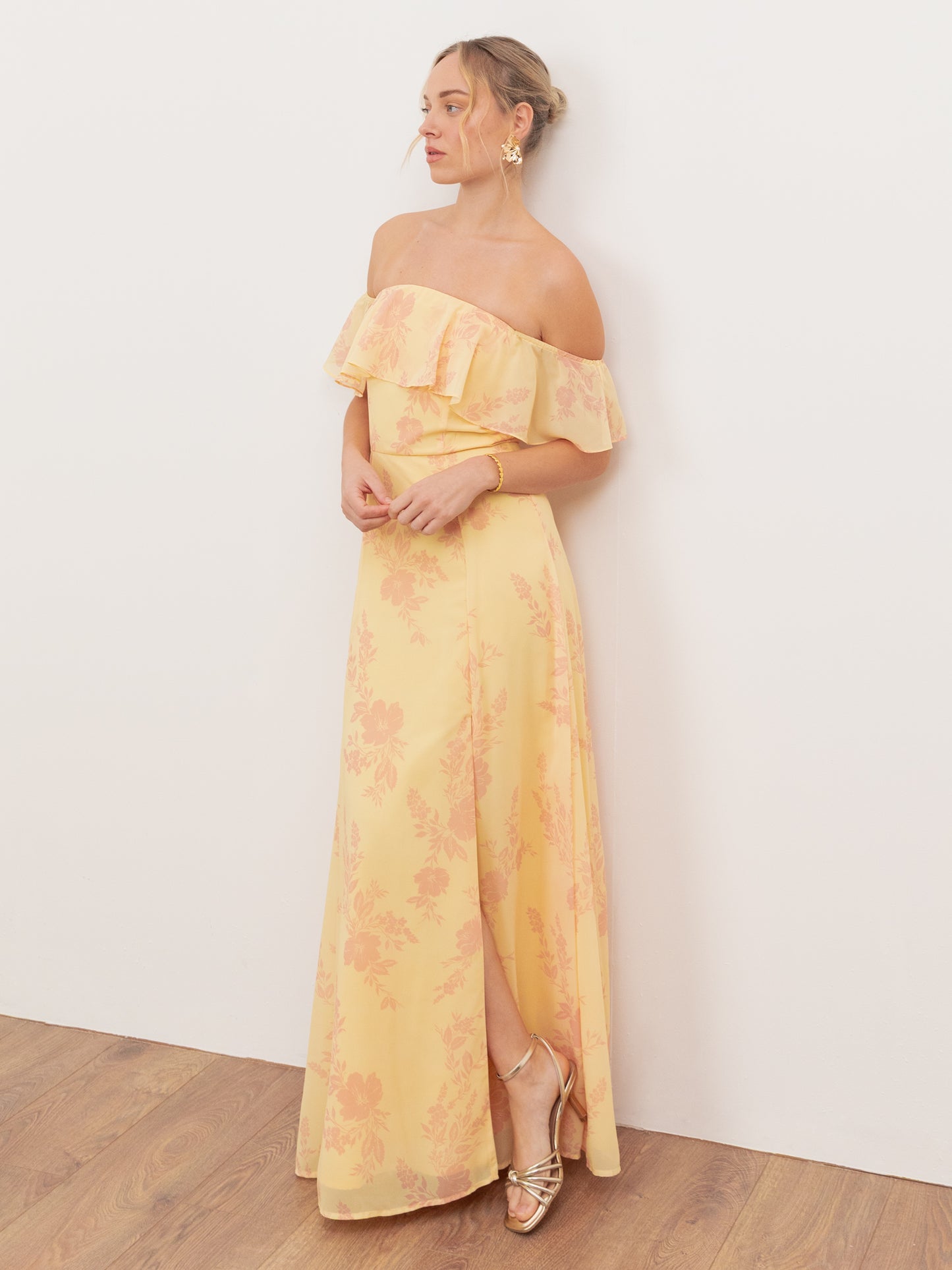 Anaya With Love Recycled Yellow Floral Print Bardot Maxi Dress
