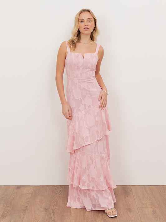 Anaya With Love Recycled Peony Pink Floral Burnout Strappy Asymmetric Ruffle Maxi Dress