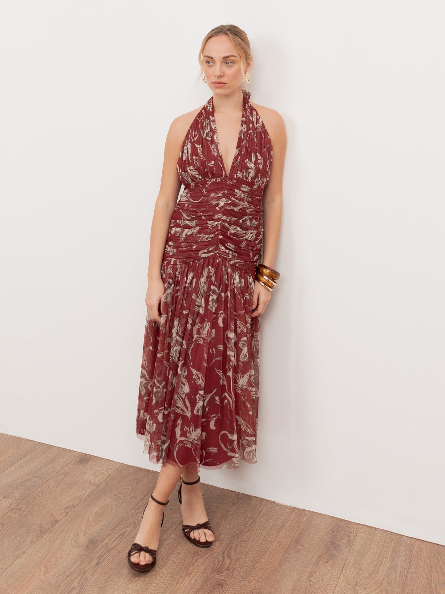 Anaya With Love Recycled Rust Floral Ruched Halter Neck Midaxi Dress