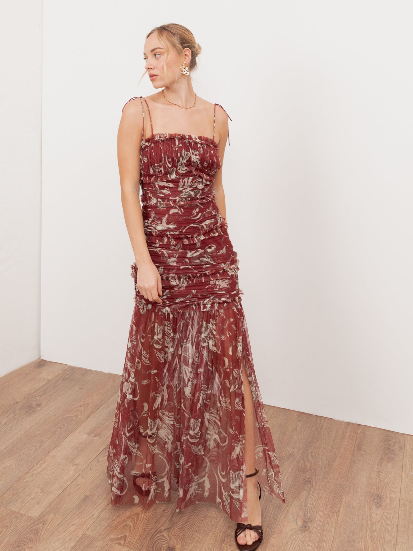 Anaya With Love Recycled Rust Floral Square Neck Ruched Maxi Dress