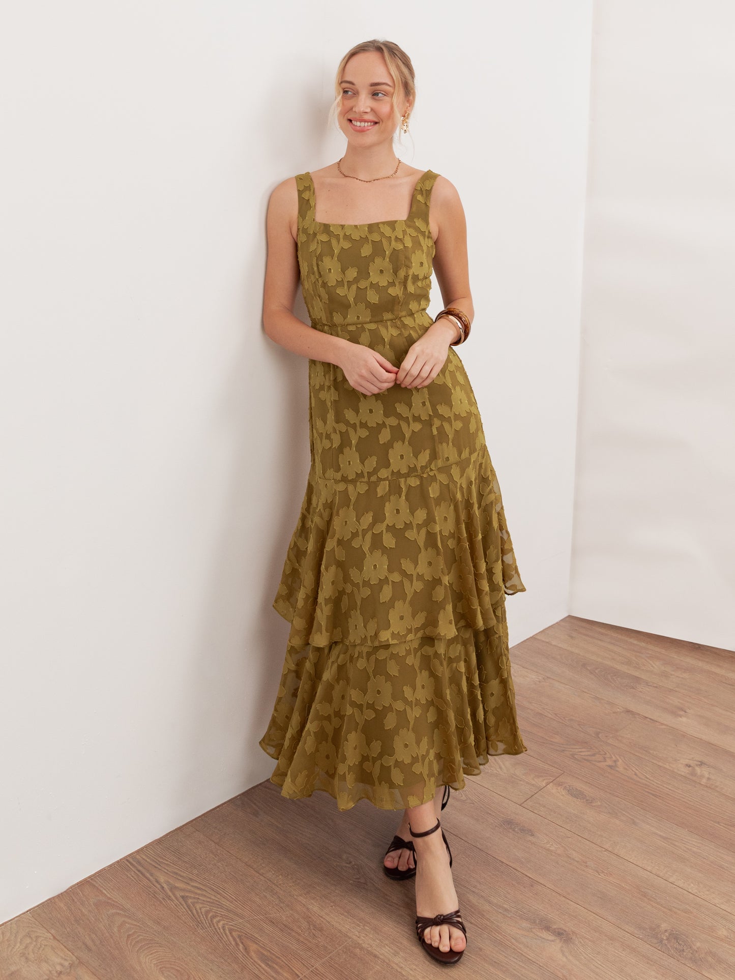 Anaya With Love Recycled Golden Olive Floral Burnout Square Neck Tiered Midaxi Dress