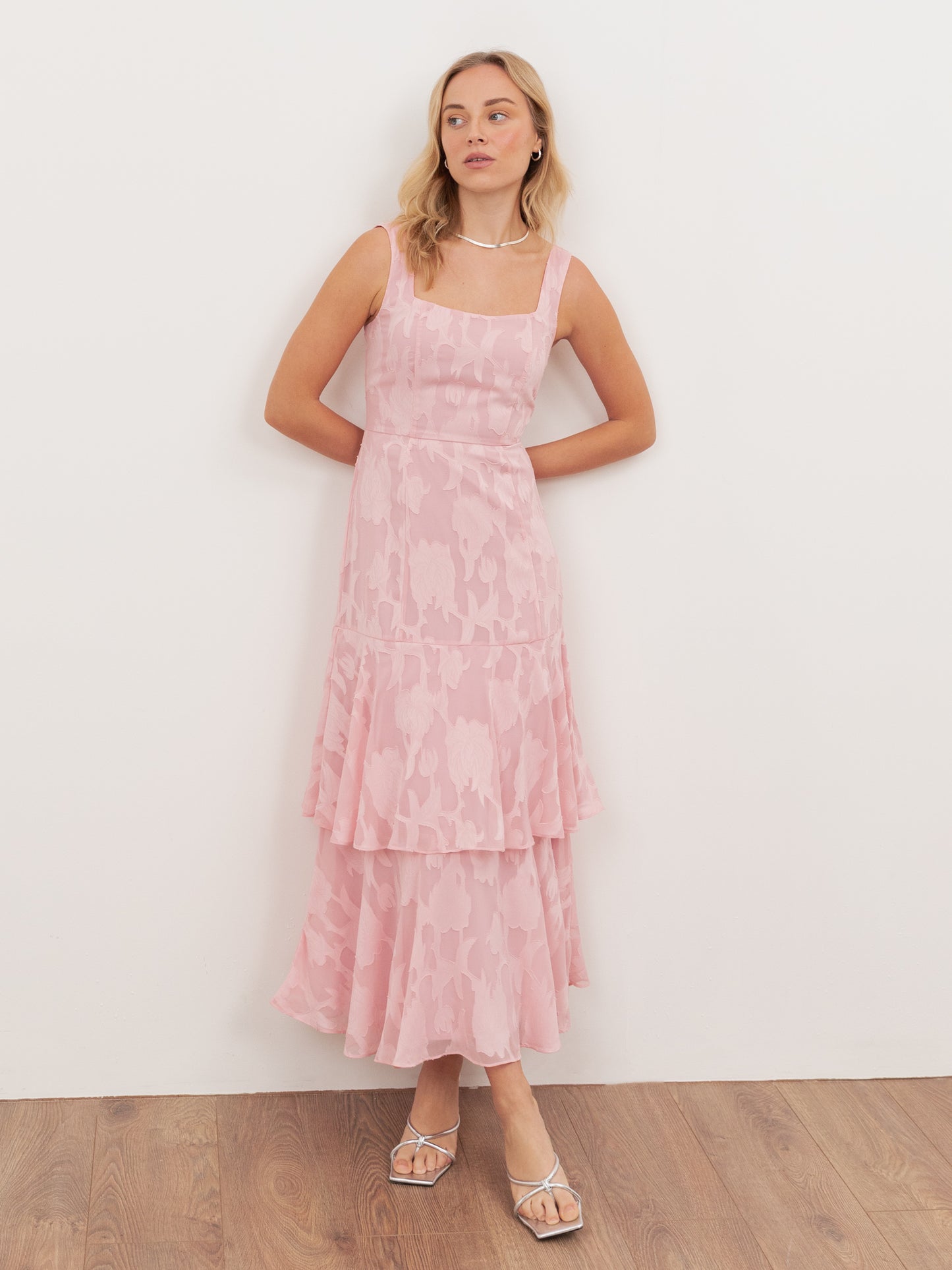 Anaya With Love Recycled Peony Pink Floral Burnout Square Neck Tiered Midaxi Dress