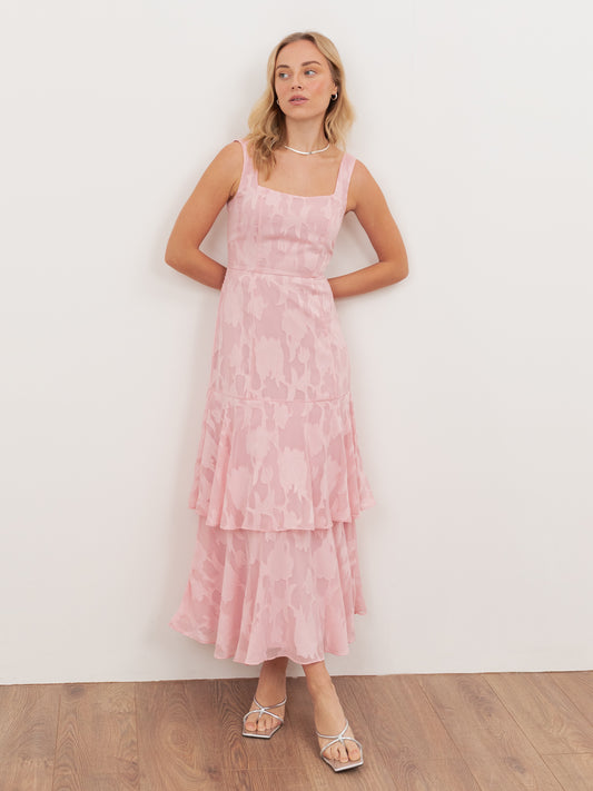 Anaya With Love Recycled Peony Pink Floral Burnout Square Neck Tiered Midaxi Dress