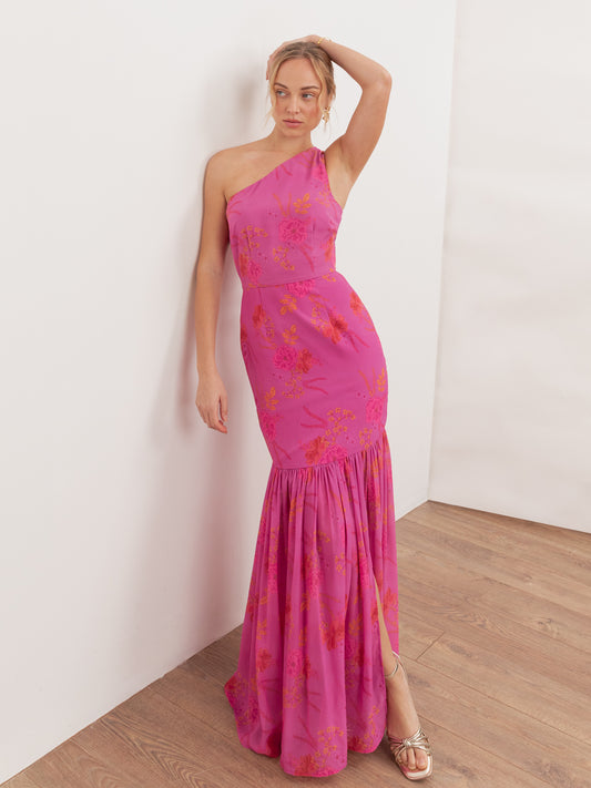 Anaya With Love Recycled Hot Pink Floral Print One Shoulder Maxi Dress