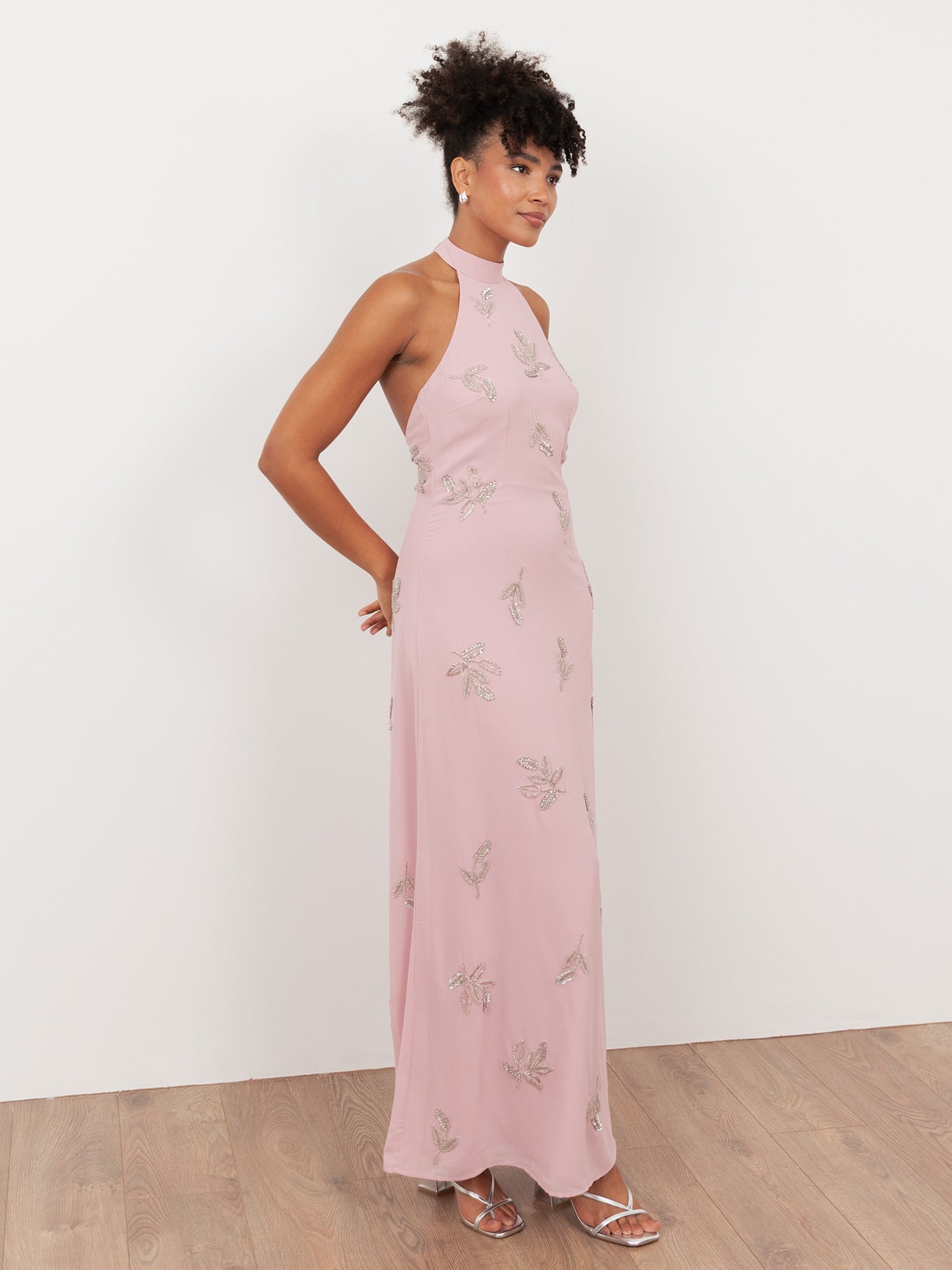 Maya Soft Pink Embellished Halter Neck & Open Back Maxi Dress