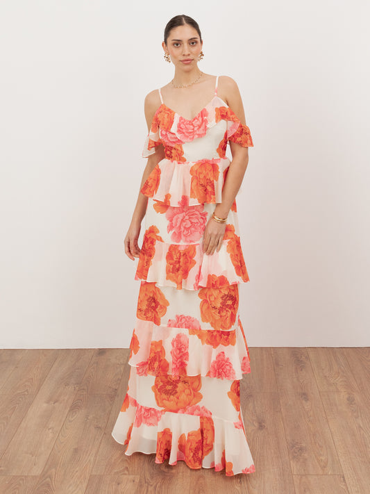Anaya With Love Recycled Floral Cold Shoulder Tiered Maxi Dress