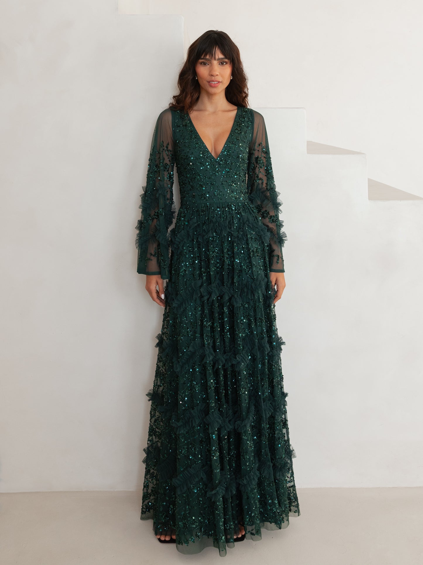 Maya Emerald Fully Embellished Maxi Dress with Frill Detail