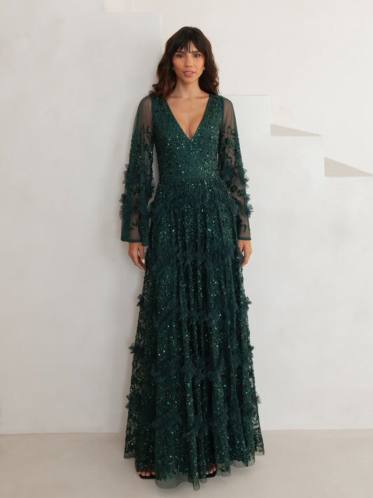 Maya Emerald Fully Embellished Maxi Dress with Frill Detail