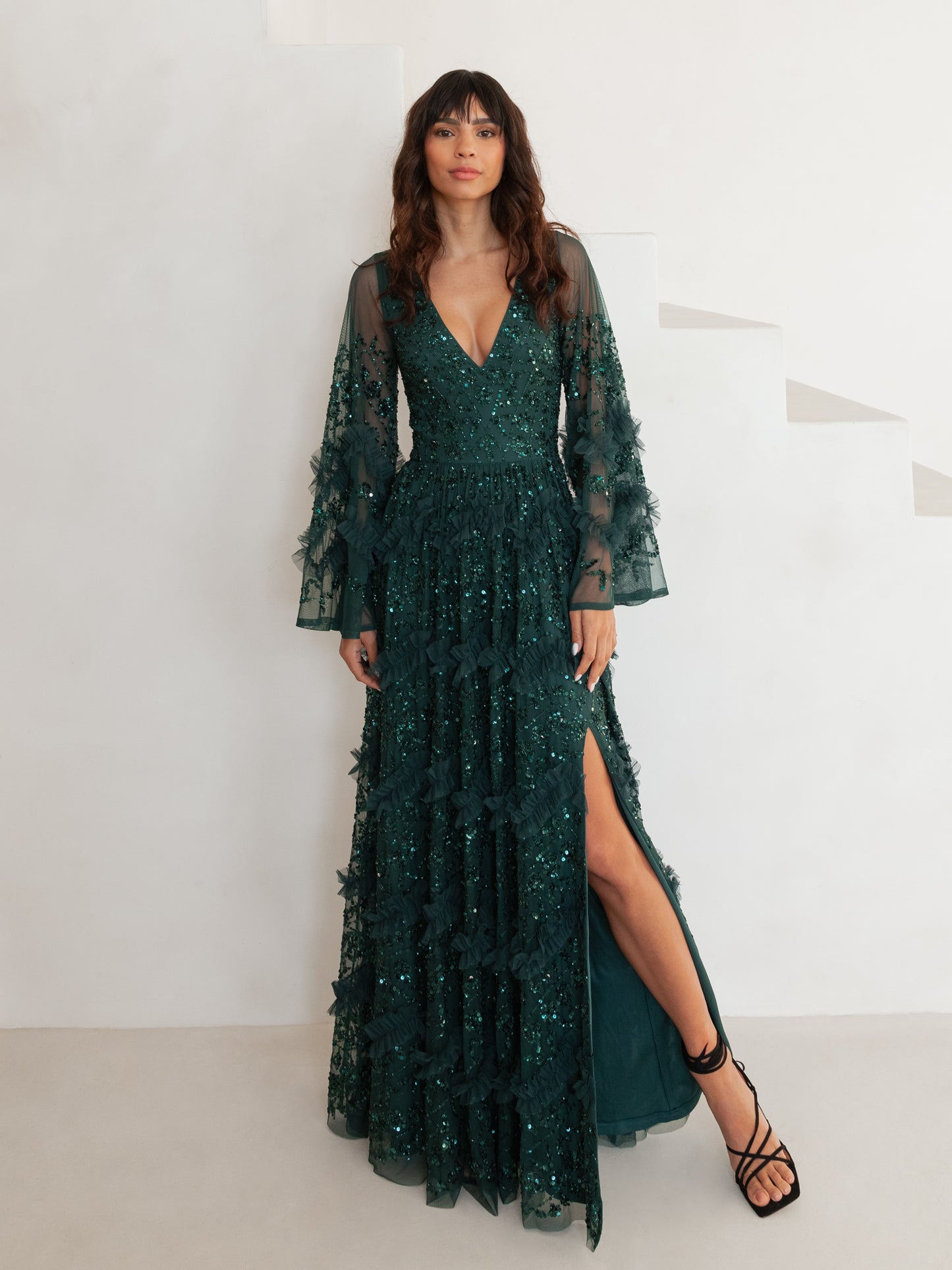 Maya Emerald Fully Embellished Maxi Dress with Frill Detail