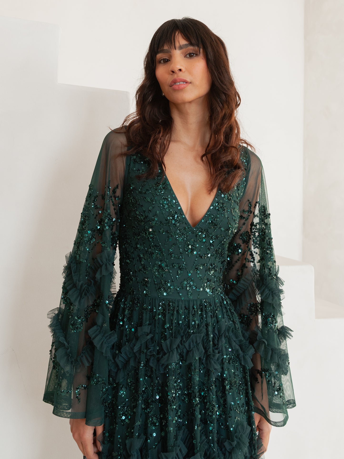 Maya Emerald Fully Embellished Maxi Dress with Frill Detail