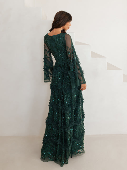 Maya Emerald Fully Embellished Maxi Dress with Frill Detail