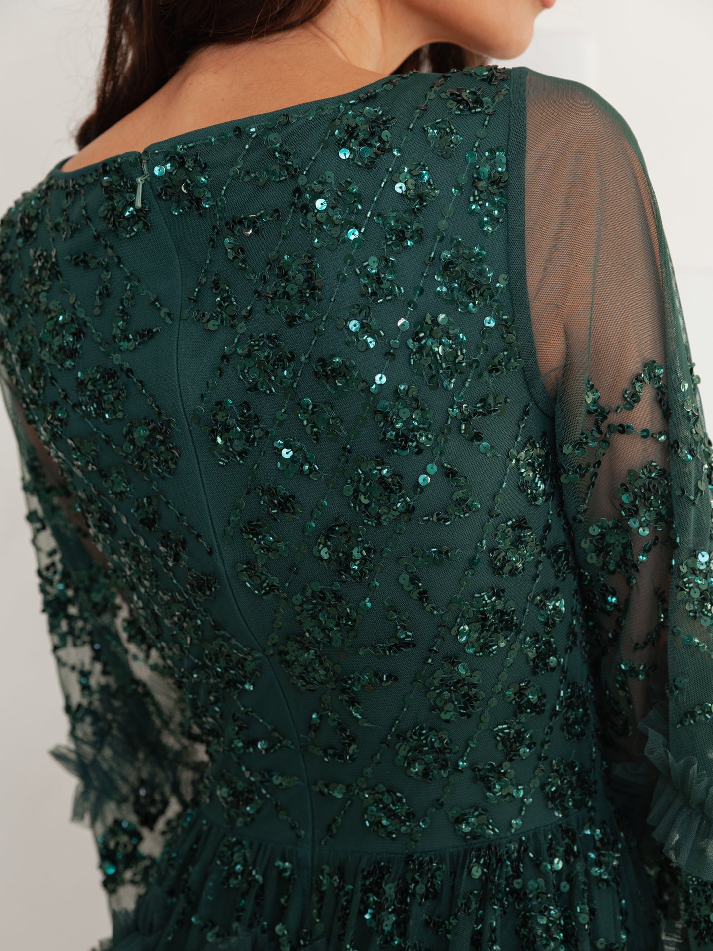 Maya Emerald Fully Embellished Maxi Dress with Frill Detail