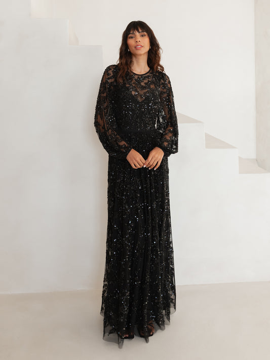 Maya Black Fully Embellished Maxi Sleeve Round Neck Maxi Dress
