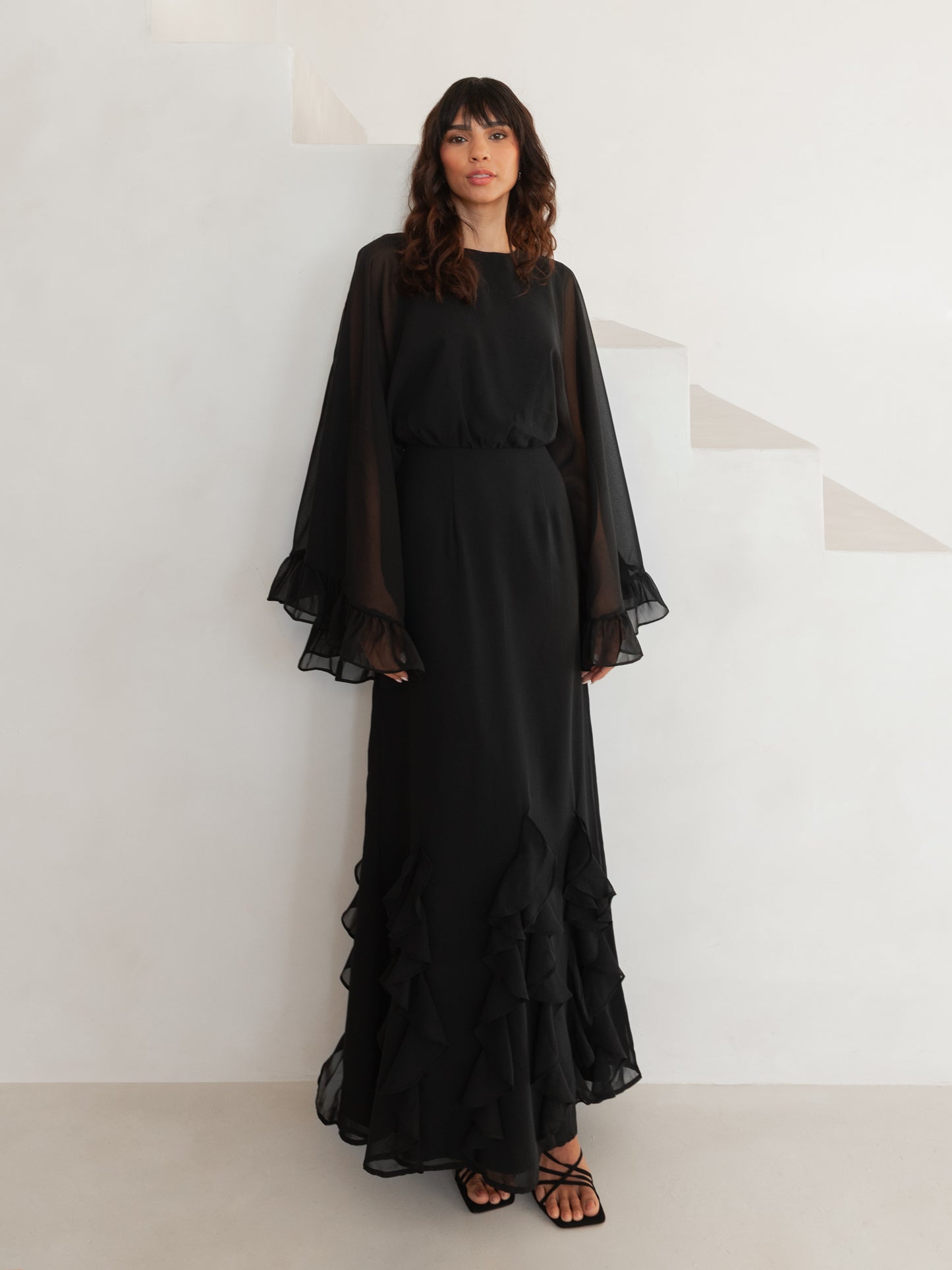 Anaya With Love Recycled Black Oversized Ruffle Sleeve Maxi Dress