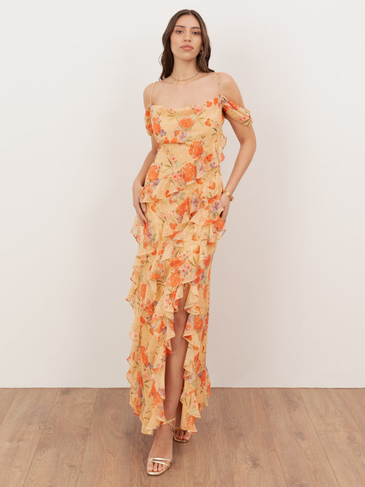 Anaya With Love Recycled Floral Print Cowl Neck Cold Shoulder Ruffle Maxi Dress