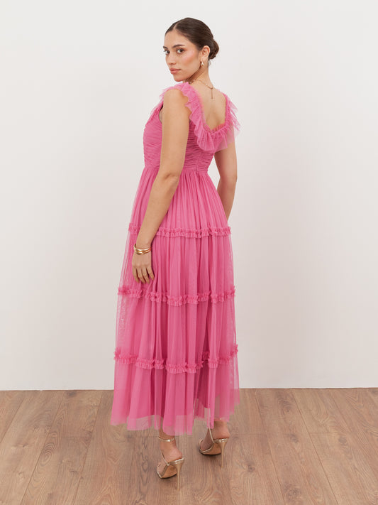 Anaya With Love Recycled Pink Ruffle Square Neck Tulle Midaxi Dress