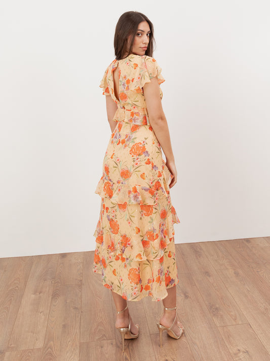 Anaya With Love Recycled Yellow Floral V Neck Ruffle Midi Dress