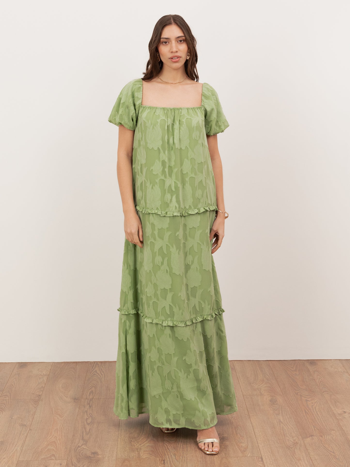 Anaya With Love Recycled Green Tea Floral burnout Short Sleeve Tiered Maxi Dress