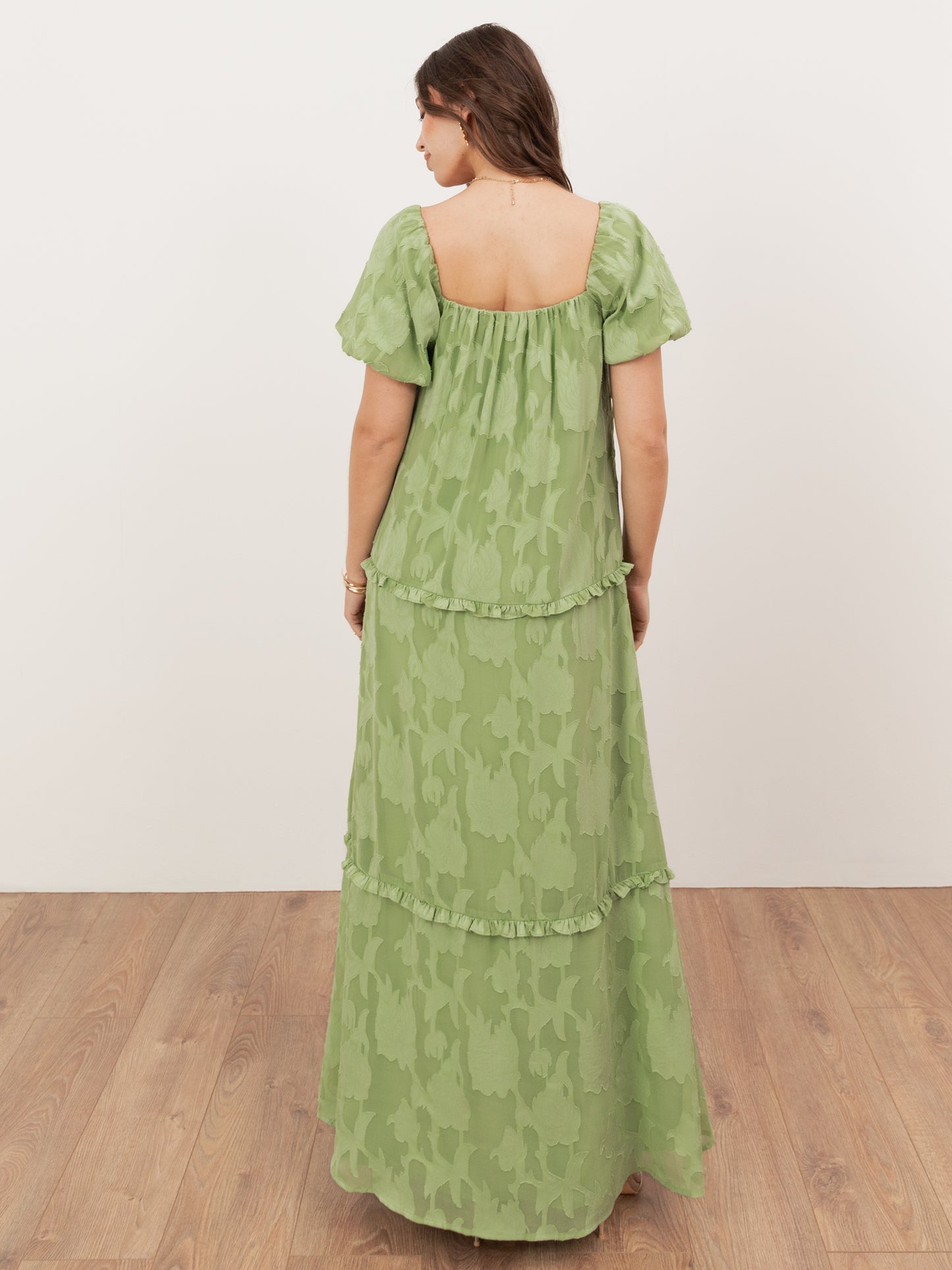 Anaya With Love Recycled Green Tea Floral burnout Short Sleeve Tiered Maxi Dress