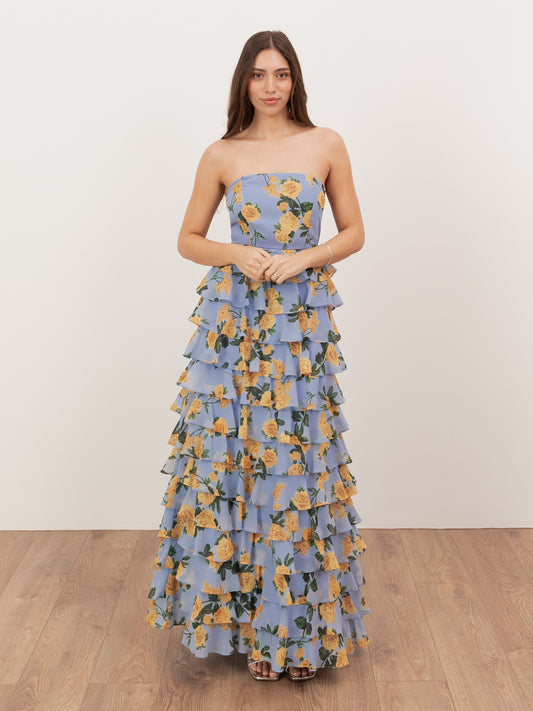 Anaya With Love Recycled Blue Floral Bandeau Tiered Maxi Dress