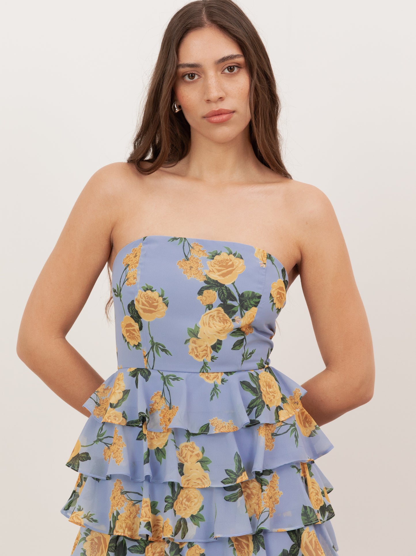 Anaya With Love Recycled Blue Floral Bandeau Tiered Maxi Dress