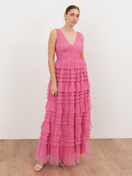 anaya pink dress ANAYA Jaquard Puff Sleeve Cut Out Back Maxi Dress in Pink