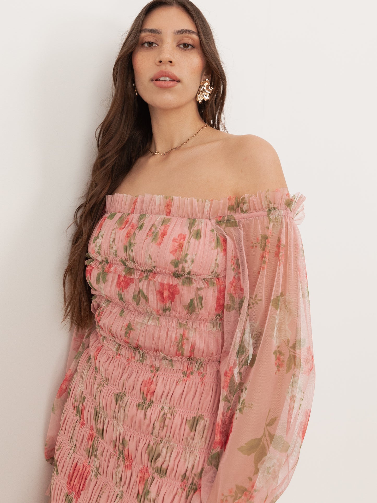 Anaya With Love Recycled Floral Long Sleeve Bardot Maxi Dress