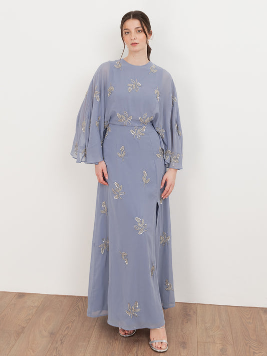 Maya Wisteria Blue Floral Embellished Cape Sleeve Maxi Dress