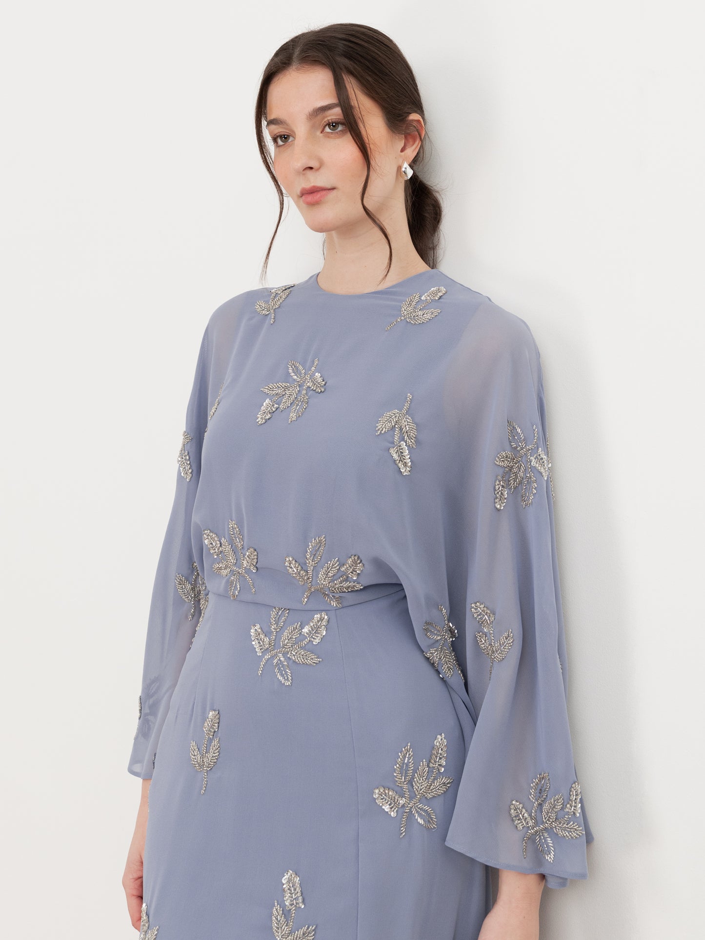 Maya Wisteria Blue Floral Embellished Cape Sleeve Maxi Dress