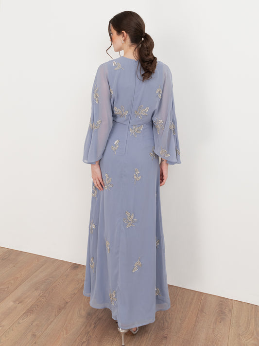Maya Wisteria Blue Floral Embellished Cape Sleeve Maxi Dress