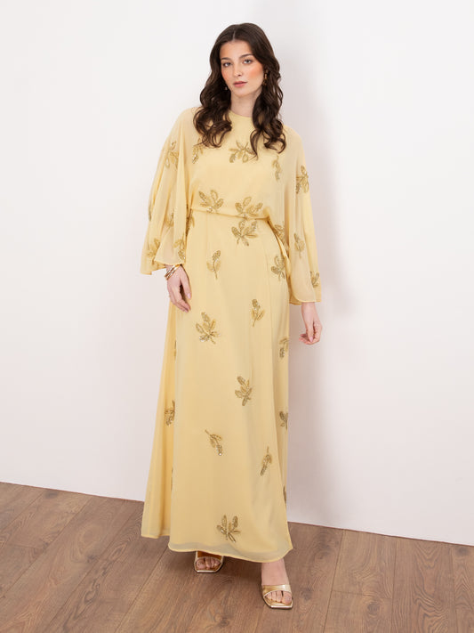 Maya Buttercream Floral Embellished Cape Sleeve Maxi Dress