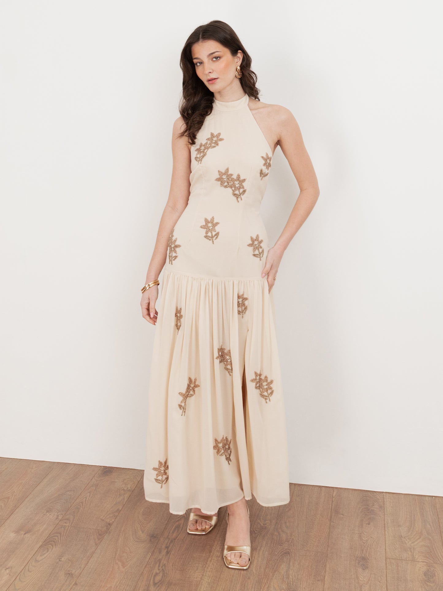 Maya Vanilla Floral Embellished Drop Waist Halter Neck Midaxi Dress