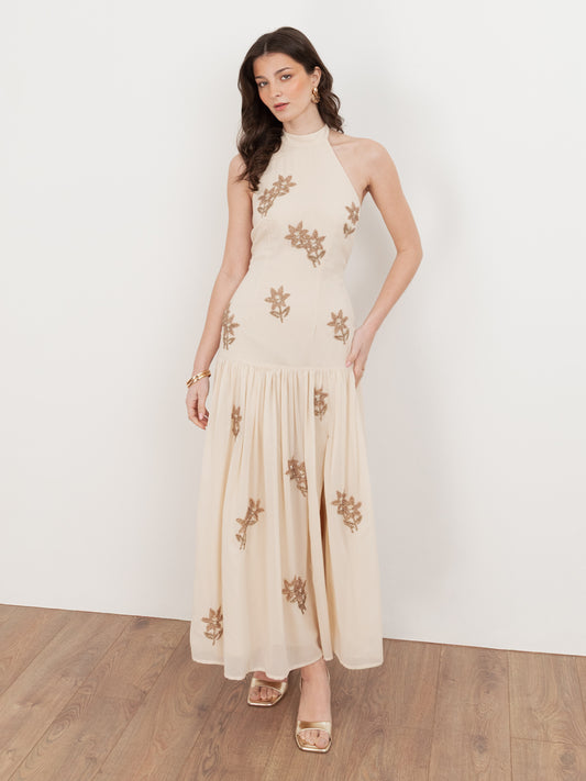 Maya Vanilla Floral Embellished Drop Waist Halter Neck Midaxi Dress