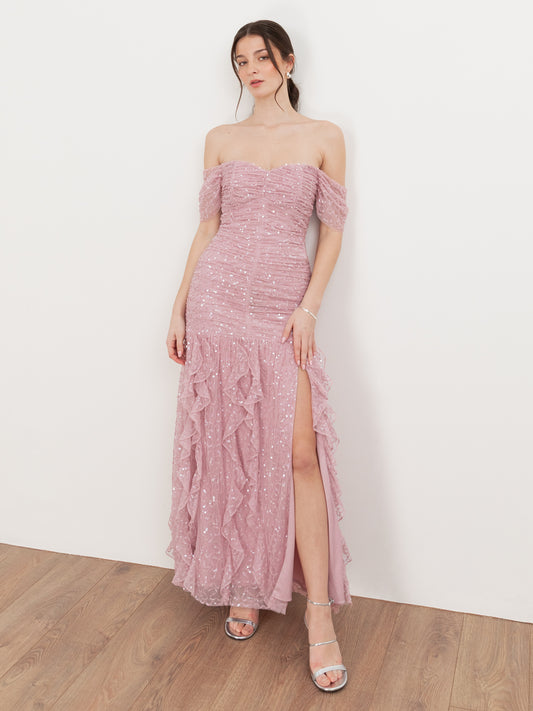 Maya Fully Embellished Bardot Maxi Dress with Waterfall Ruffles