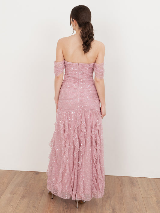 Maya Fully Embellished Bardot Maxi Dress with Waterfall Ruffles