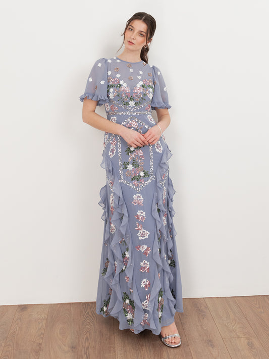 Maya Wisteria Blue Embellished Short Sleeve Ruffle Maxi Dress