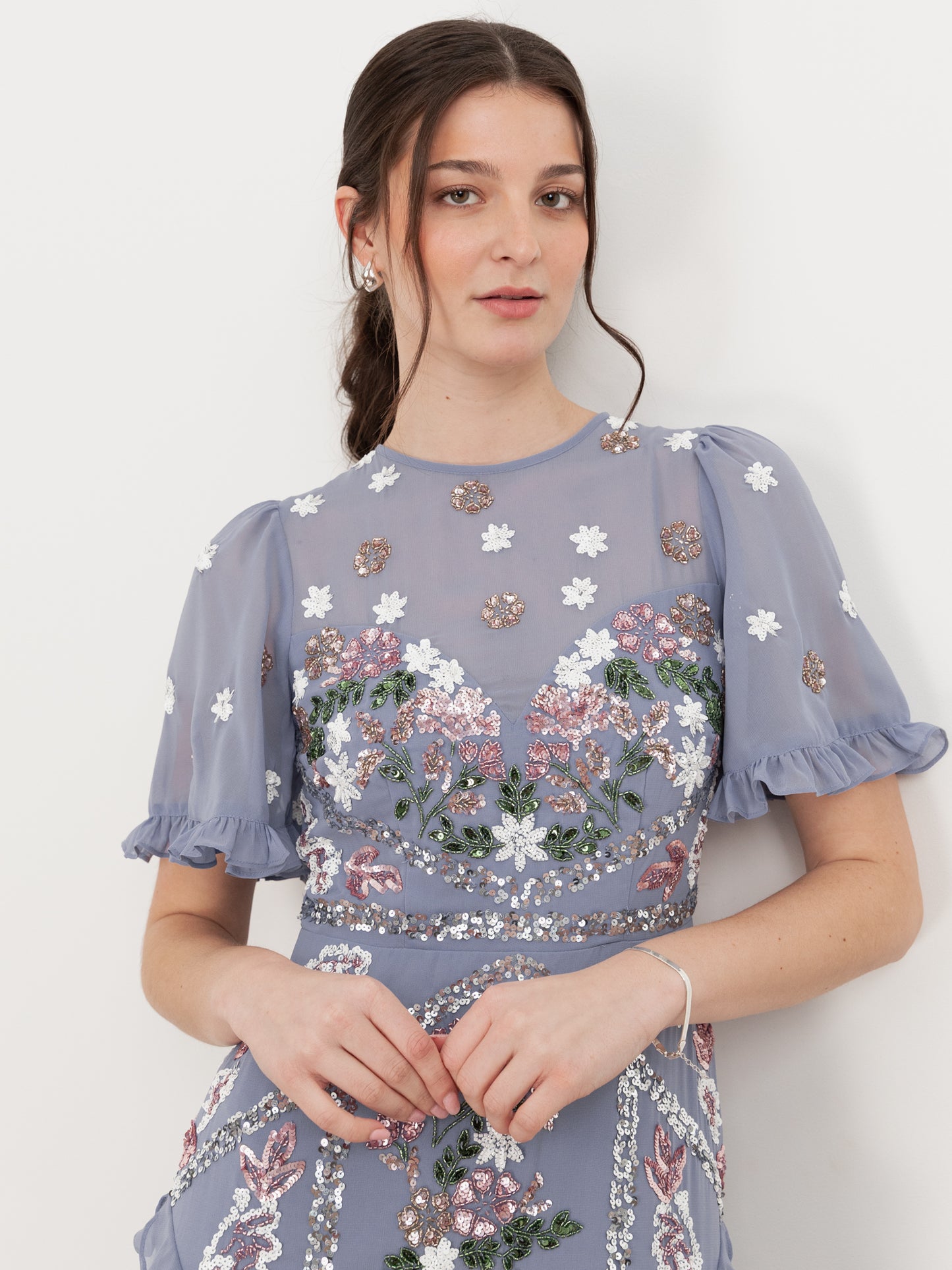 Maya Wisteria Blue Embellished Short Sleeve Ruffle Maxi Dress