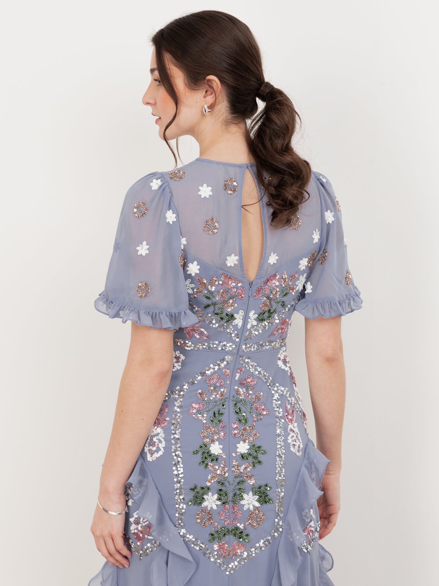 Maya Wisteria Blue Embellished Short Sleeve Ruffle Maxi Dress