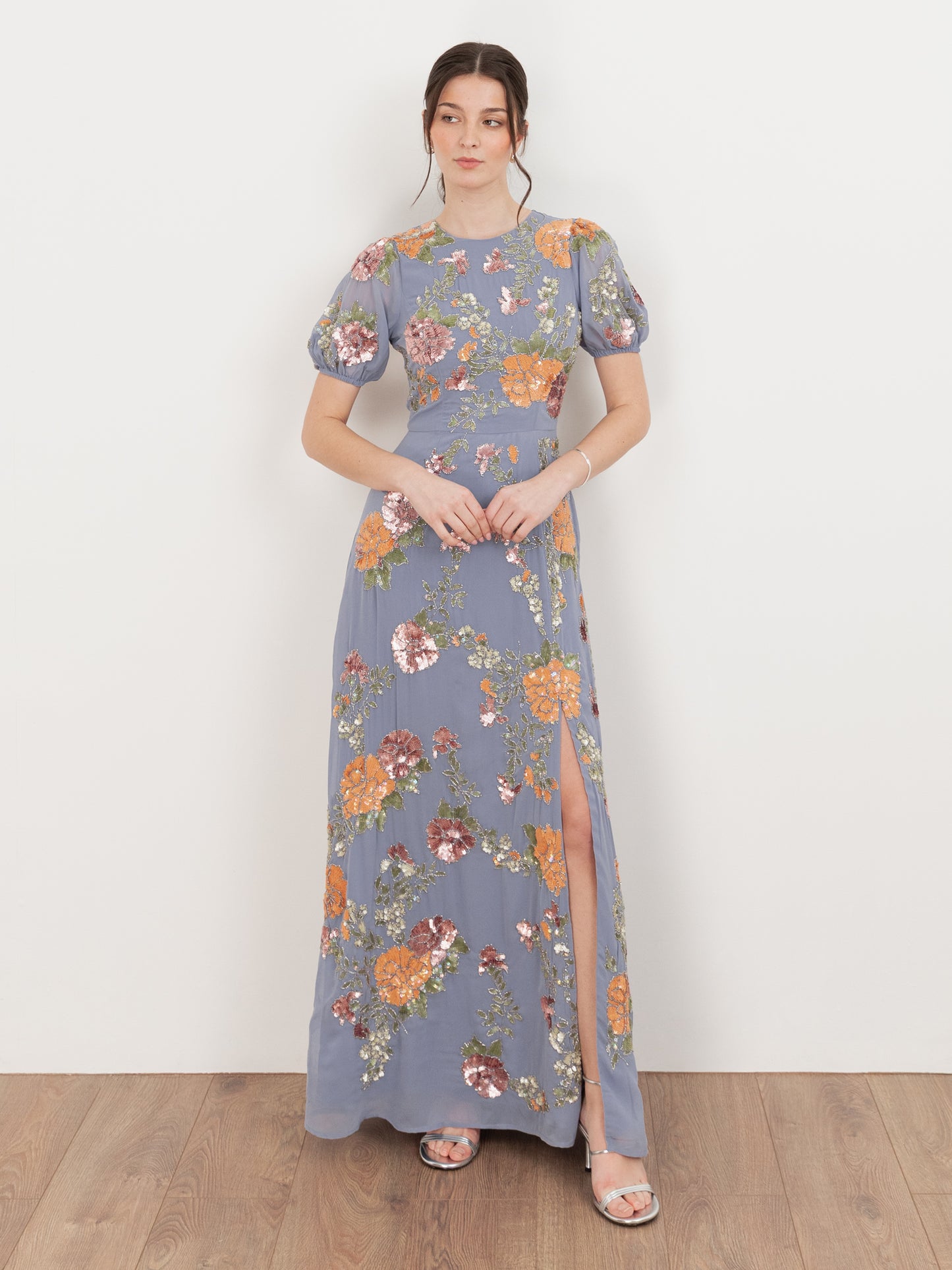 Maya Wisteria Blue Floral Embellished Puff Sleeve & Open Back Maxi Dress