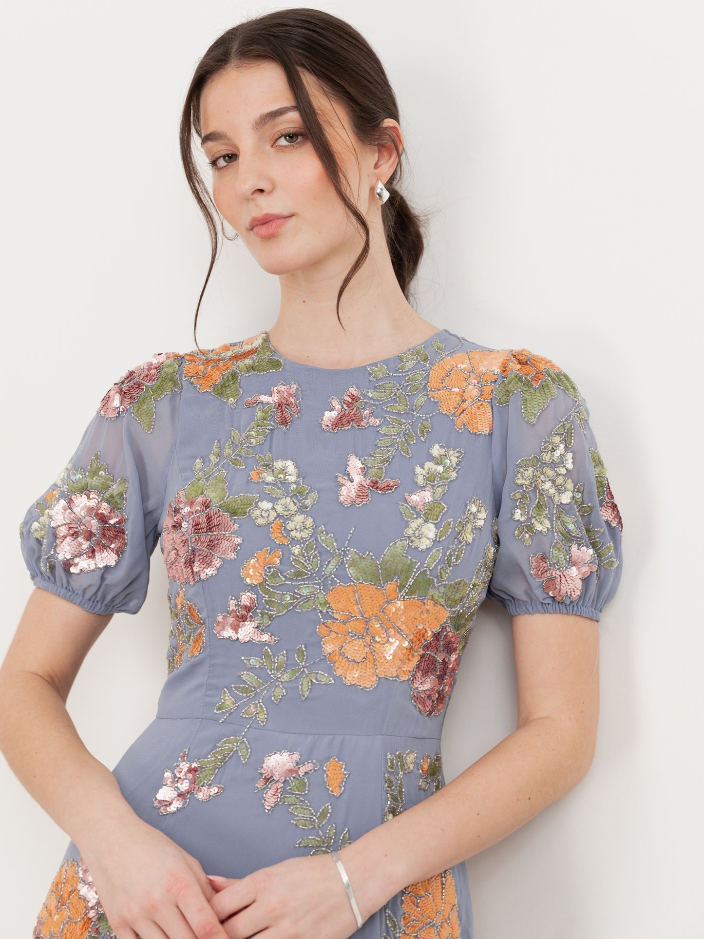 Maya Wisteria Blue Floral Embellished Puff Sleeve & Open Back Maxi Dress