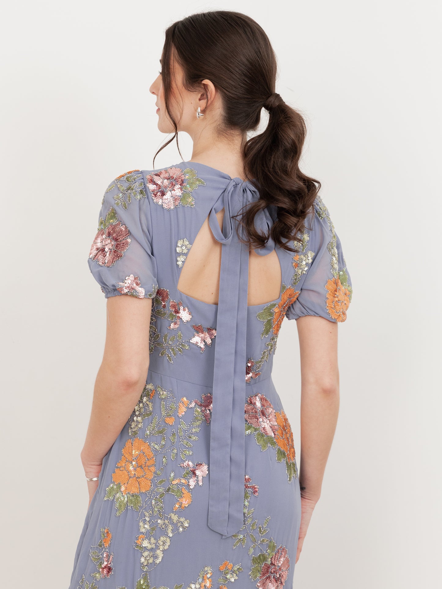 Maya Wisteria Blue Floral Embellished Puff Sleeve & Open Back Maxi Dress