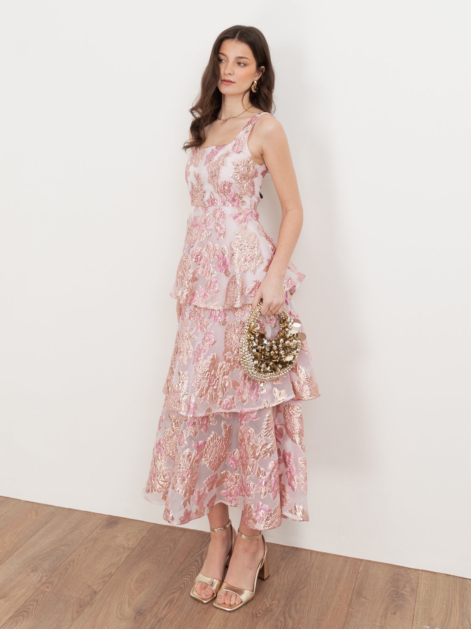 Maya Pink Floral Jacquard Square Neck Tiered Midi Dress – Maya Deluxe