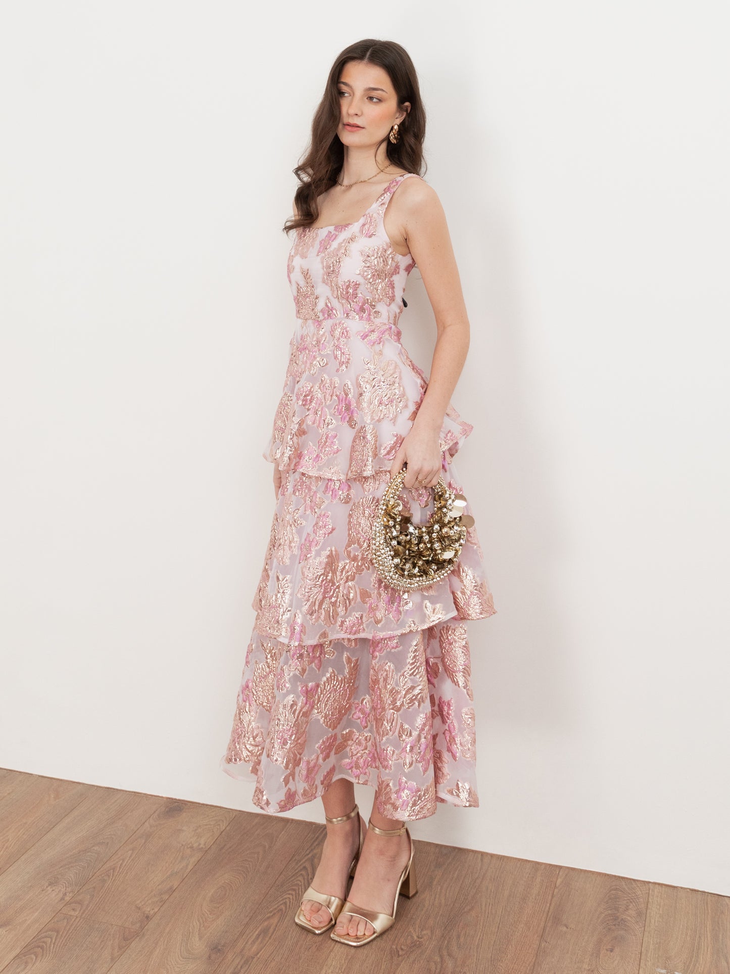 Maya Pink Floral Jacquard Square Neck Tiered Midi Dress