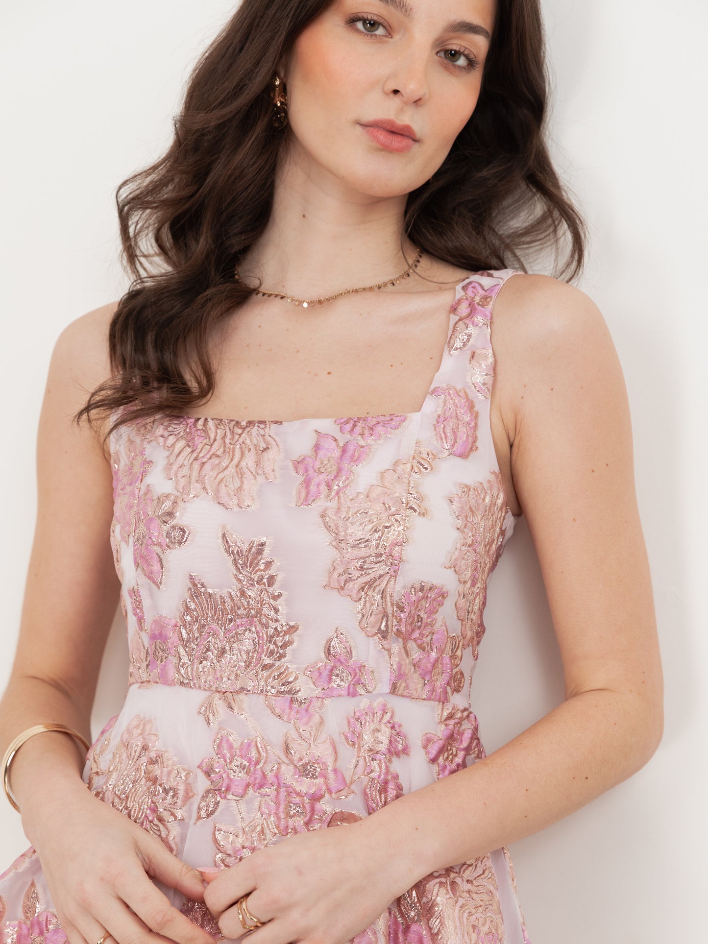 Maya Pink Floral Jacquard Square Neck Tiered Midi Dress