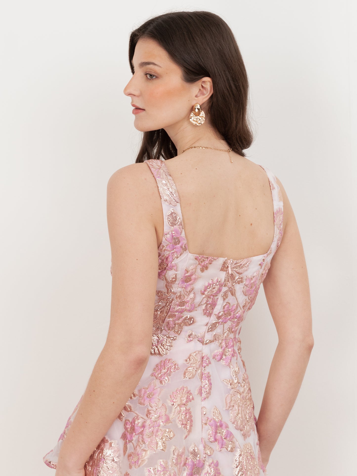 Maya Pink Floral Jacquard Square Neck Tiered Midi Dress